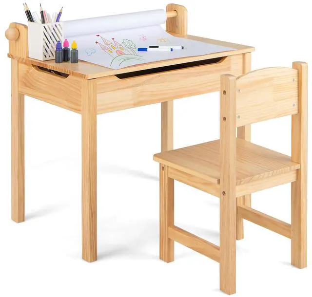 Main image of Kids Table and Chair Set, Flip Top Kids Art Craft Table w/Chair for Playroom Kindergarten, Toddler Drawing Writing Desk Set w/Paper Roll & 2 Markers, Gift for Boys Girls Ages 3+ (Natural)