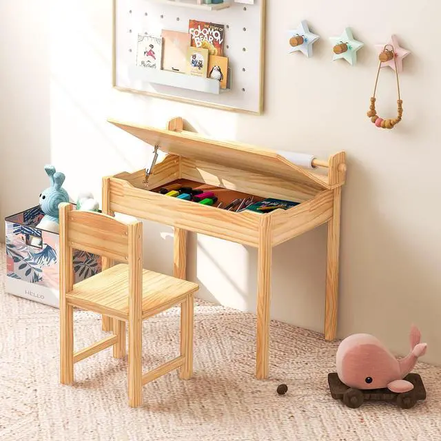 Alt view image 2 of 6 - Kids Table and Chair Set, Flip Top Kids Art Craft Table w/Chair for Playroom Kindergarten, Toddler Drawing Writing Desk Set w/Paper Roll & 2 Markers, Gift for Boys Girls Ages 3+ (Natural)
