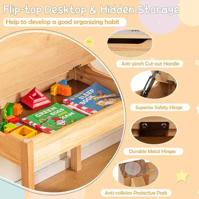 Alt view image 3 of 6 - Kids Table and Chair Set, Flip Top Kids Art Craft Table w/Chair for Playroom Kindergarten, Toddler Drawing Writing Desk Set w/Paper Roll & 2 Markers, Gift for Boys Girls Ages 3+ (Natural)