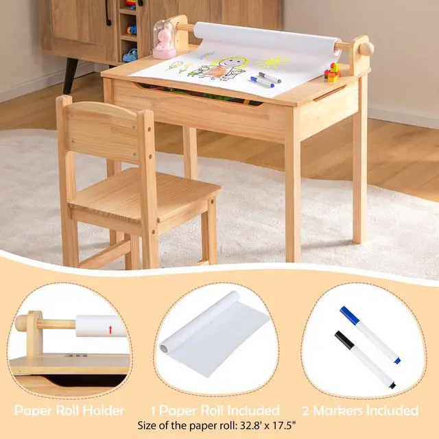 Alt view image 4 of 6 - Kids Table and Chair Set, Flip Top Kids Art Craft Table w/Chair for Playroom Kindergarten, Toddler Drawing Writing Desk Set w/Paper Roll & 2 Markers, Gift for Boys Girls Ages 3+ (Natural)