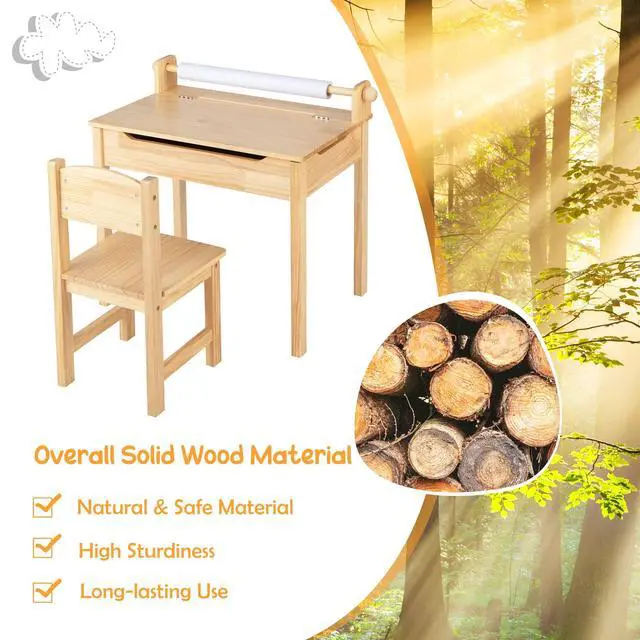 Alt view image 6 of 6 - Kids Table and Chair Set, Flip Top Kids Art Craft Table w/Chair for Playroom Kindergarten, Toddler Drawing Writing Desk Set w/Paper Roll & 2 Markers, Gift for Boys Girls Ages 3+ (Natural)