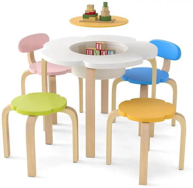 Main image of Kids Table and Chair Set, Wooden Toddler Flower-Shaped Table and 4 Chairs w/Storage for Art Craft, Dining, 5-Piece Children Furniture for Daycare, Kindergarten, Playroom (Colorful + White)