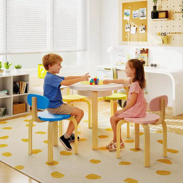 Alt view image 2 of 6 - Kids Table and Chair Set, Wooden Toddler Flower-Shaped Table and 4 Chairs w/Storage for Art Craft, Dining, 5-Piece Children Furniture for Daycare, Kindergarten, Playroom (Colorful + White)