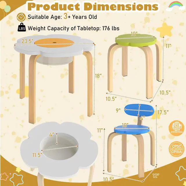 Alt view image 3 of 6 - Kids Table and Chair Set, Wooden Toddler Flower-Shaped Table and 4 Chairs w/Storage for Art Craft, Dining, 5-Piece Children Furniture for Daycare, Kindergarten, Playroom (Colorful + White)