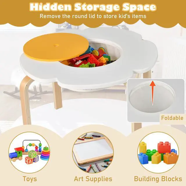 Alt view image 5 of 6 - Kids Table and Chair Set, Wooden Toddler Flower-Shaped Table and 4 Chairs w/Storage for Art Craft, Dining, 5-Piece Children Furniture for Daycare, Kindergarten, Playroom (Colorful + White)