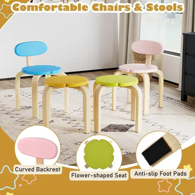 Alt view image 6 of 6 - Kids Table and Chair Set, Wooden Toddler Flower-Shaped Table and 4 Chairs w/Storage for Art Craft, Dining, 5-Piece Children Furniture for Daycare, Kindergarten, Playroom (Colorful + White)