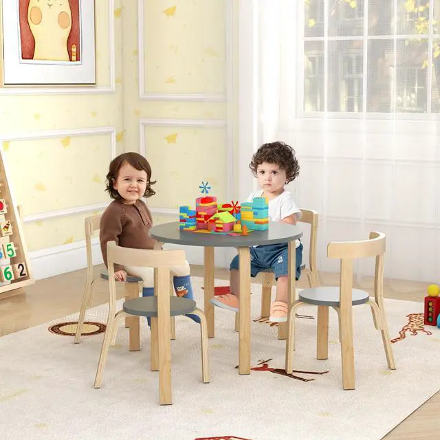 Alt view image 2 of 6 - Kids Table and Chair Set, Bentwood Toddler Round Table and 4 Chairs for Craft Art, Building Block, 5-Piece Children Furniture Set for Daycare, Kindergarten, Playroom (Gray)