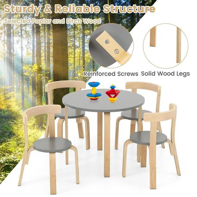 Alt view image 3 of 6 - Kids Table and Chair Set, Bentwood Toddler Round Table and 4 Chairs for Craft Art, Building Block, 5-Piece Children Furniture Set for Daycare, Kindergarten, Playroom (Gray)