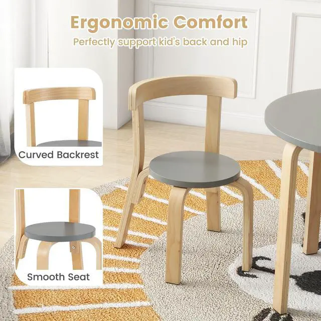 Alt view image 4 of 6 - Kids Table and Chair Set, Bentwood Toddler Round Table and 4 Chairs for Craft Art, Building Block, 5-Piece Children Furniture Set for Daycare, Kindergarten, Playroom (Gray)