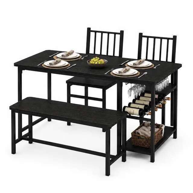Main image of Black Dining Table Set for 4 with Bench, 55" Kitchen Table and Chairs Set with Wine Rack, Glass Holder & Storage Shelves, Space Saving Dining Room Table Set for Small Kitchen, Apartment