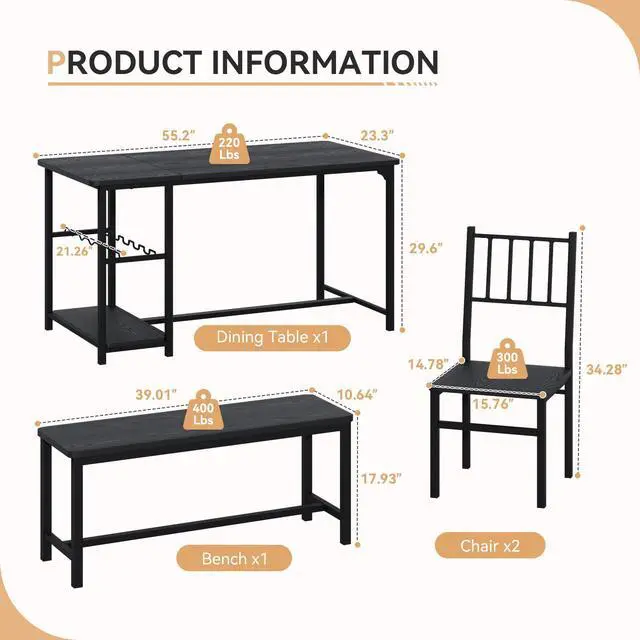 Alt view image 2 of 6 - Black Dining Table Set for 4 with Bench, 55" Kitchen Table and Chairs Set with Wine Rack, Glass Holder & Storage Shelves, Space Saving Dining Room Table Set for Small Kitchen, Apartment