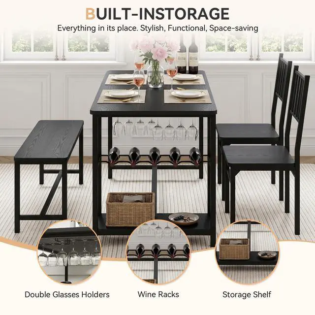 Alt view image 3 of 6 - Black Dining Table Set for 4 with Bench, 55" Kitchen Table and Chairs Set with Wine Rack, Glass Holder & Storage Shelves, Space Saving Dining Room Table Set for Small Kitchen, Apartment