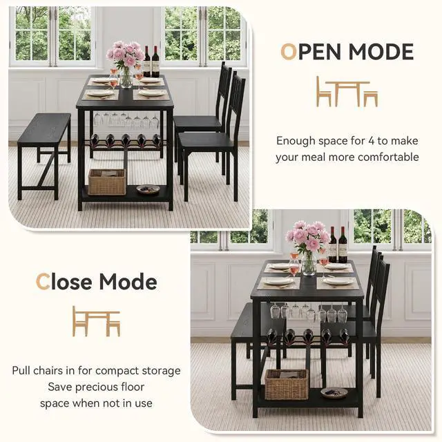 Alt view image 4 of 6 - Black Dining Table Set for 4 with Bench, 55" Kitchen Table and Chairs Set with Wine Rack, Glass Holder & Storage Shelves, Space Saving Dining Room Table Set for Small Kitchen, Apartment