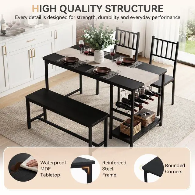 Alt view image 5 of 6 - Black Dining Table Set for 4 with Bench, 55" Kitchen Table and Chairs Set with Wine Rack, Glass Holder & Storage Shelves, Space Saving Dining Room Table Set for Small Kitchen, Apartment