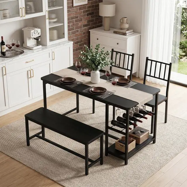 Alt view image 6 of 6 - Black Dining Table Set for 4 with Bench, 55" Kitchen Table and Chairs Set with Wine Rack, Glass Holder & Storage Shelves, Space Saving Dining Room Table Set for Small Kitchen, Apartment