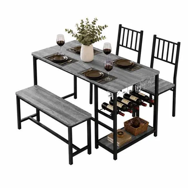 Main image of Dining Table Set for 4 with Bench, 55" Kitchen Table and Chairs Set with Wine Rack, Glass Holder & Storage Shelves, Space Saving Dining Room Table Set for Small Kitchen, Apartment, Grey