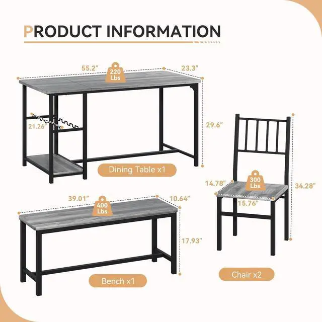 Alt view image 2 of 6 - Dining Table Set for 4 with Bench, 55" Kitchen Table and Chairs Set with Wine Rack, Glass Holder & Storage Shelves, Space Saving Dining Room Table Set for Small Kitchen, Apartment, Grey