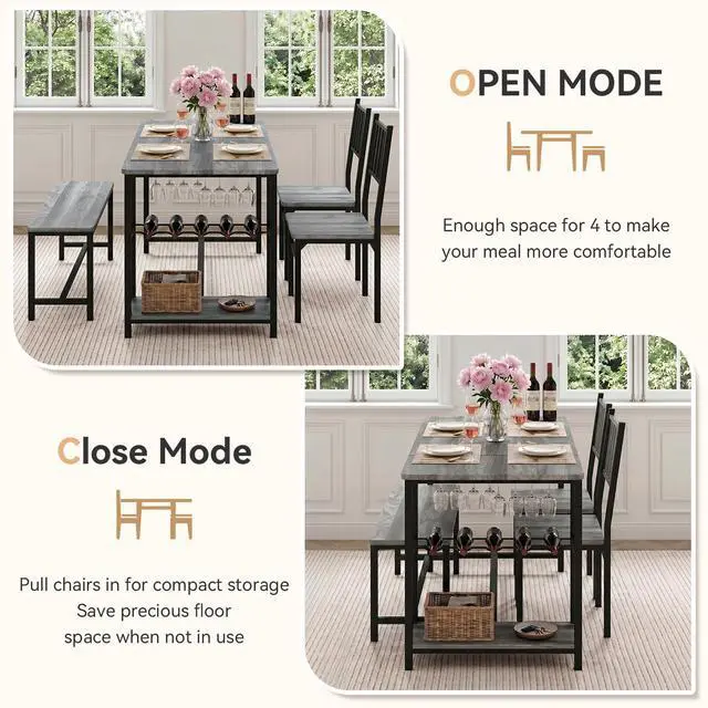 Alt view image 3 of 6 - Dining Table Set for 4 with Bench, 55" Kitchen Table and Chairs Set with Wine Rack, Glass Holder & Storage Shelves, Space Saving Dining Room Table Set for Small Kitchen, Apartment, Grey