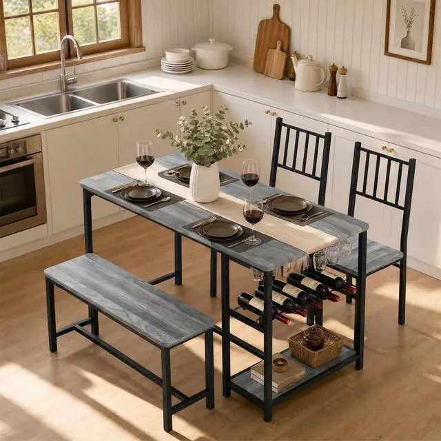 Alt view image 4 of 6 - Dining Table Set for 4 with Bench, 55" Kitchen Table and Chairs Set with Wine Rack, Glass Holder & Storage Shelves, Space Saving Dining Room Table Set for Small Kitchen, Apartment, Grey
