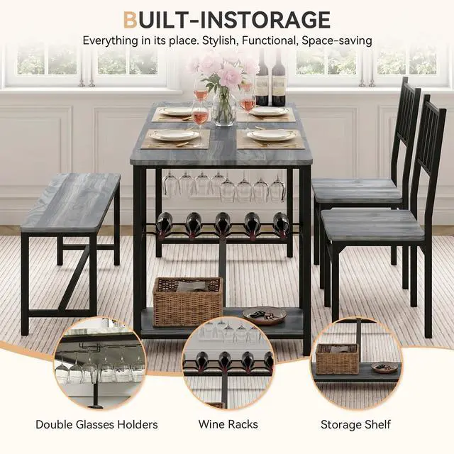 Alt view image 5 of 6 - Dining Table Set for 4 with Bench, 55" Kitchen Table and Chairs Set with Wine Rack, Glass Holder & Storage Shelves, Space Saving Dining Room Table Set for Small Kitchen, Apartment, Grey