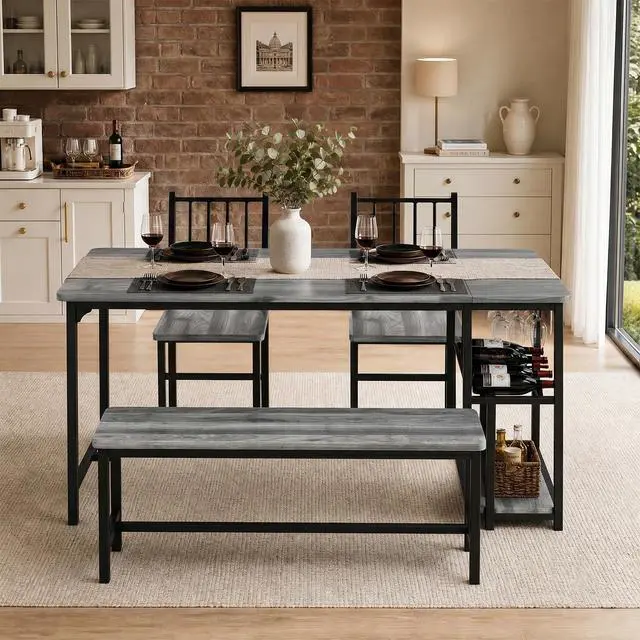 Alt view image 6 of 6 - Dining Table Set for 4 with Bench, 55" Kitchen Table and Chairs Set with Wine Rack, Glass Holder & Storage Shelves, Space Saving Dining Room Table Set for Small Kitchen, Apartment, Grey