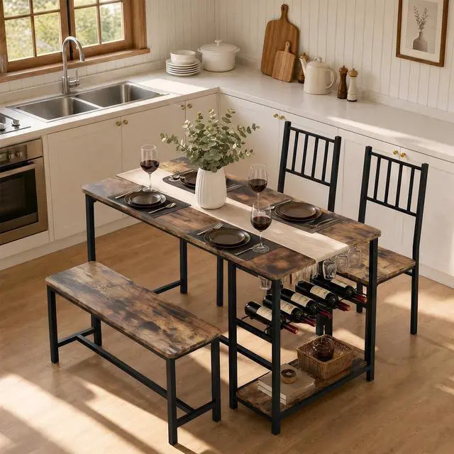 Main image of Dining Table Set for 4 with Bench, 55" Kitchen Table and Chairs Set with Wine Rack, Glass Holder & Storage Shelves, Space Saving Dining Room Table Set for Small Kitchen, Apartment, Rustic Brown