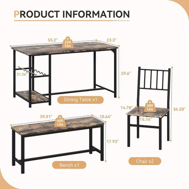 Alt view image 2 of 6 - Dining Table Set for 4 with Bench, 55" Kitchen Table and Chairs Set with Wine Rack, Glass Holder & Storage Shelves, Space Saving Dining Room Table Set for Small Kitchen, Apartment, Rustic Brown