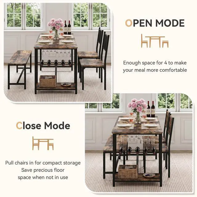 Alt view image 3 of 6 - Dining Table Set for 4 with Bench, 55" Kitchen Table and Chairs Set with Wine Rack, Glass Holder & Storage Shelves, Space Saving Dining Room Table Set for Small Kitchen, Apartment, Rustic Brown