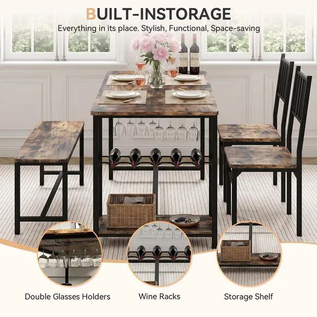 Alt view image 4 of 6 - Dining Table Set for 4 with Bench, 55" Kitchen Table and Chairs Set with Wine Rack, Glass Holder & Storage Shelves, Space Saving Dining Room Table Set for Small Kitchen, Apartment, Rustic Brown