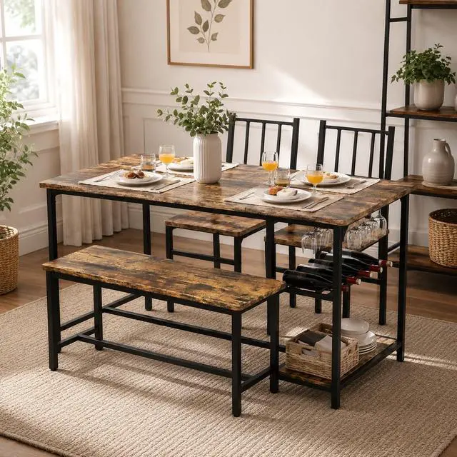 Alt view image 5 of 6 - Dining Table Set for 4 with Bench, 55" Kitchen Table and Chairs Set with Wine Rack, Glass Holder & Storage Shelves, Space Saving Dining Room Table Set for Small Kitchen, Apartment, Rustic Brown