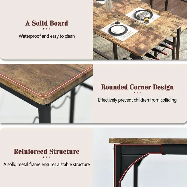 Alt view image 6 of 6 - Dining Table Set for 4 with Bench, 55" Kitchen Table and Chairs Set with Wine Rack, Glass Holder & Storage Shelves, Space Saving Dining Room Table Set for Small Kitchen, Apartment, Rustic Brown
