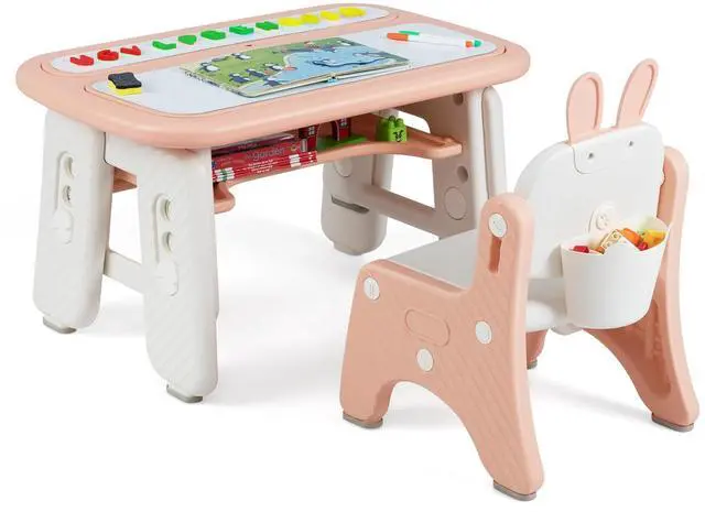 Main image of Kids Table and Chair Set, Height Adjustable Toddler Art Table w/Bunny Shape Chair, 2 Flip Open Magnetic Boards, Storage, Drawing Accessories, Toddler Table & Chair Set for Girls Boys, Pink