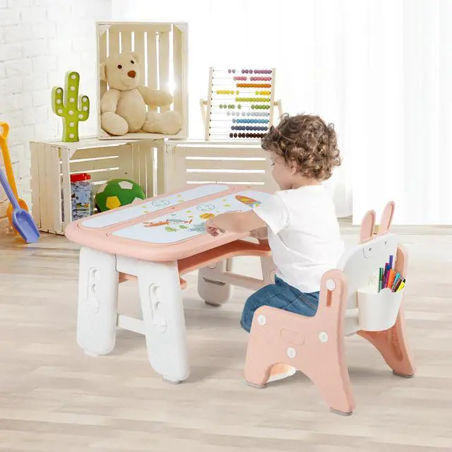 Alt view image 2 of 6 - Kids Table and Chair Set, Height Adjustable Toddler Art Table w/Bunny Shape Chair, 2 Flip Open Magnetic Boards, Storage, Drawing Accessories, Toddler Table & Chair Set for Girls Boys, Pink