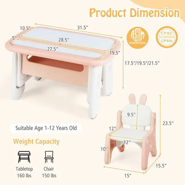 Alt view image 3 of 6 - Kids Table and Chair Set, Height Adjustable Toddler Art Table w/Bunny Shape Chair, 2 Flip Open Magnetic Boards, Storage, Drawing Accessories, Toddler Table & Chair Set for Girls Boys, Pink