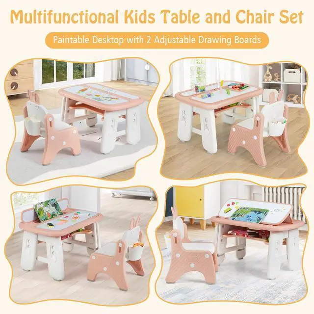 Alt view image 4 of 6 - Kids Table and Chair Set, Height Adjustable Toddler Art Table w/Bunny Shape Chair, 2 Flip Open Magnetic Boards, Storage, Drawing Accessories, Toddler Table & Chair Set for Girls Boys, Pink
