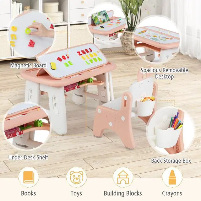 Alt view image 5 of 6 - Kids Table and Chair Set, Height Adjustable Toddler Art Table w/Bunny Shape Chair, 2 Flip Open Magnetic Boards, Storage, Drawing Accessories, Toddler Table & Chair Set for Girls Boys, Pink