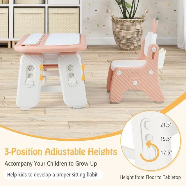 Alt view image 6 of 6 - Kids Table and Chair Set, Height Adjustable Toddler Art Table w/Bunny Shape Chair, 2 Flip Open Magnetic Boards, Storage, Drawing Accessories, Toddler Table & Chair Set for Girls Boys, Pink