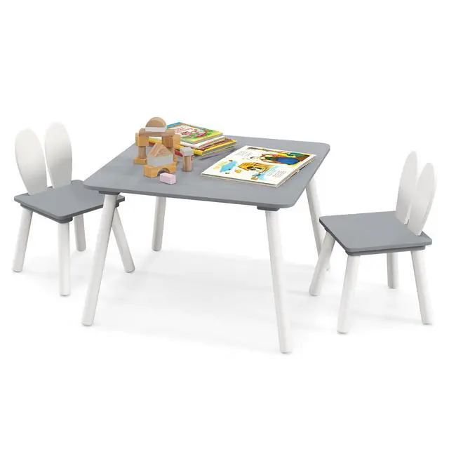 Main image of Kids Table and Chair Set, 3 Pieces Wooden Activity Table & 2 Rabbit Shaped Chairs with Solid Wood Legs, Space-Saving Design, Toddler Table and Chairs for Children Playroom Kindergarten (Gray)