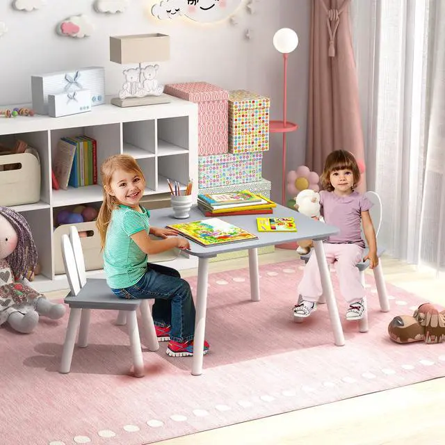Alt view image 2 of 6 - Kids Table and Chair Set, 3 Pieces Wooden Activity Table & 2 Rabbit Shaped Chairs with Solid Wood Legs, Space-Saving Design, Toddler Table and Chairs for Children Playroom Kindergarten (Gray)