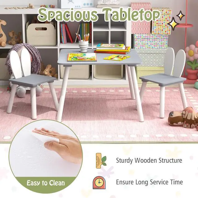 Alt view image 3 of 6 - Kids Table and Chair Set, 3 Pieces Wooden Activity Table & 2 Rabbit Shaped Chairs with Solid Wood Legs, Space-Saving Design, Toddler Table and Chairs for Children Playroom Kindergarten (Gray)
