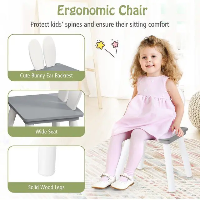 Alt view image 4 of 6 - Kids Table and Chair Set, 3 Pieces Wooden Activity Table & 2 Rabbit Shaped Chairs with Solid Wood Legs, Space-Saving Design, Toddler Table and Chairs for Children Playroom Kindergarten (Gray)