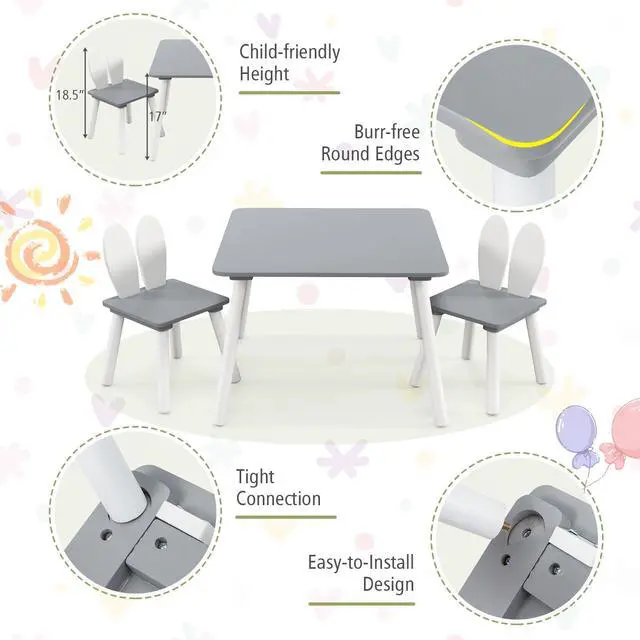 Alt view image 5 of 6 - Kids Table and Chair Set, 3 Pieces Wooden Activity Table & 2 Rabbit Shaped Chairs with Solid Wood Legs, Space-Saving Design, Toddler Table and Chairs for Children Playroom Kindergarten (Gray)