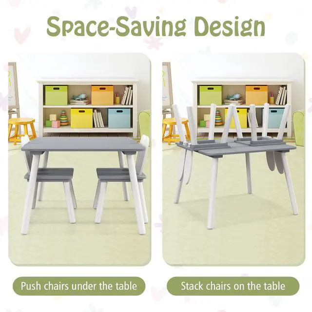 Alt view image 6 of 6 - Kids Table and Chair Set, 3 Pieces Wooden Activity Table & 2 Rabbit Shaped Chairs with Solid Wood Legs, Space-Saving Design, Toddler Table and Chairs for Children Playroom Kindergarten (Gray)