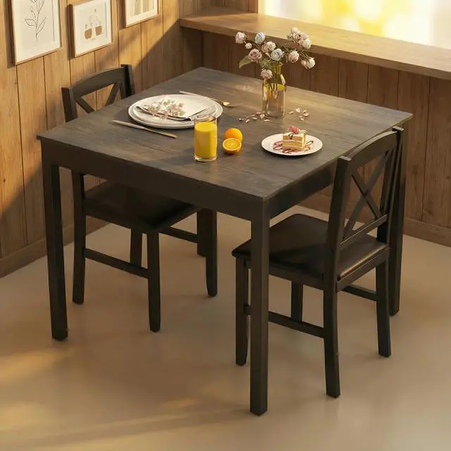 Main image of Mid-Century Modern Dining Table Set for 2, Wooden Kitchen Table & 2 Chairs with Padded Seats, 3-Piece Compact Dining Set for Small Spaces, Kitchen, Living Room (Grey+Black)