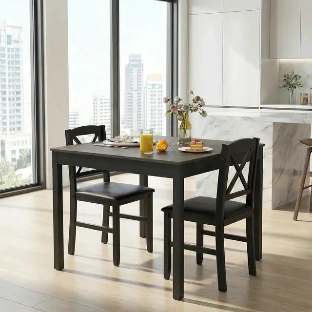 Alt view image 2 of 6 - Mid-Century Modern Dining Table Set for 2, Wooden Kitchen Table & 2 Chairs with Padded Seats, 3-Piece Compact Dining Set for Small Spaces, Kitchen, Living Room (Grey+Black)
