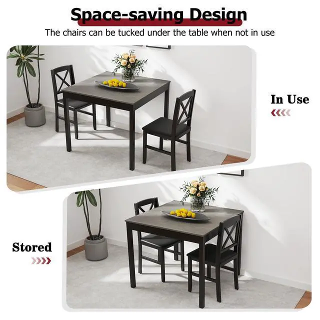 Alt view image 3 of 6 - Mid-Century Modern Dining Table Set for 2, Wooden Kitchen Table & 2 Chairs with Padded Seats, 3-Piece Compact Dining Set for Small Spaces, Kitchen, Living Room (Grey+Black)