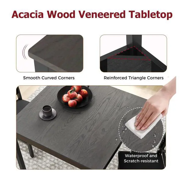 Alt view image 6 of 6 - Mid-Century Modern Dining Table Set for 2, Wooden Kitchen Table & 2 Chairs with Padded Seats, 3-Piece Compact Dining Set for Small Spaces, Kitchen, Living Room (Grey+Black)