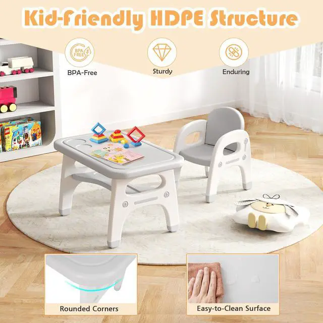 Alt view image 2 of 6 - Toddler Table and Chair Set, Cute Activity Table with Storage and Building Blocks, Dinosaur Shaped Armchair, Kids Table and Chair Set for Eating Reading Playing, Gift for Boys Girls (Grey)