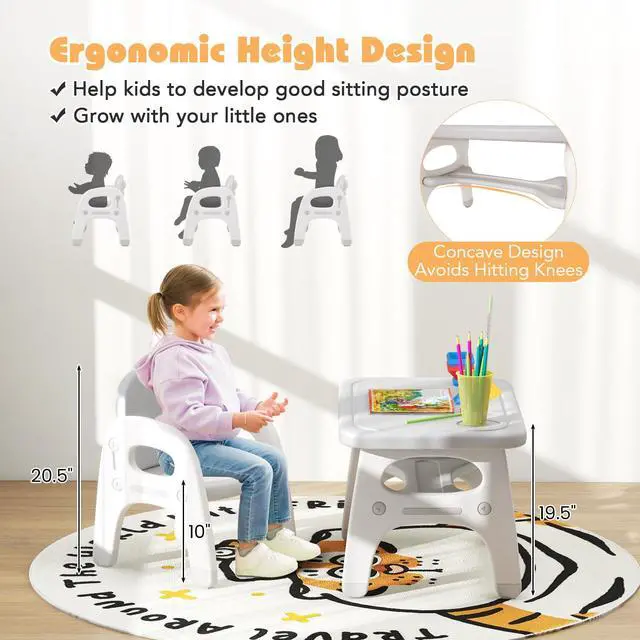 Alt view image 3 of 6 - Toddler Table and Chair Set, Cute Activity Table with Storage and Building Blocks, Dinosaur Shaped Armchair, Kids Table and Chair Set for Eating Reading Playing, Gift for Boys Girls (Grey)