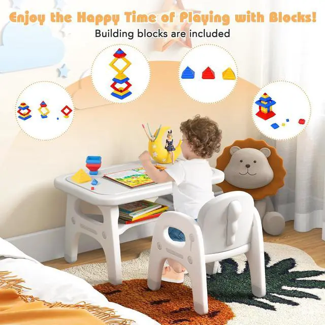 Alt view image 4 of 6 - Toddler Table and Chair Set, Cute Activity Table with Storage and Building Blocks, Dinosaur Shaped Armchair, Kids Table and Chair Set for Eating Reading Playing, Gift for Boys Girls (Grey)
